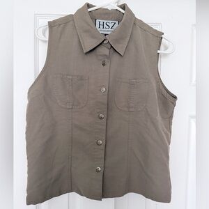 HSZ Studio Petite Sleeveless Button-Up Shirt in Olive, size medium